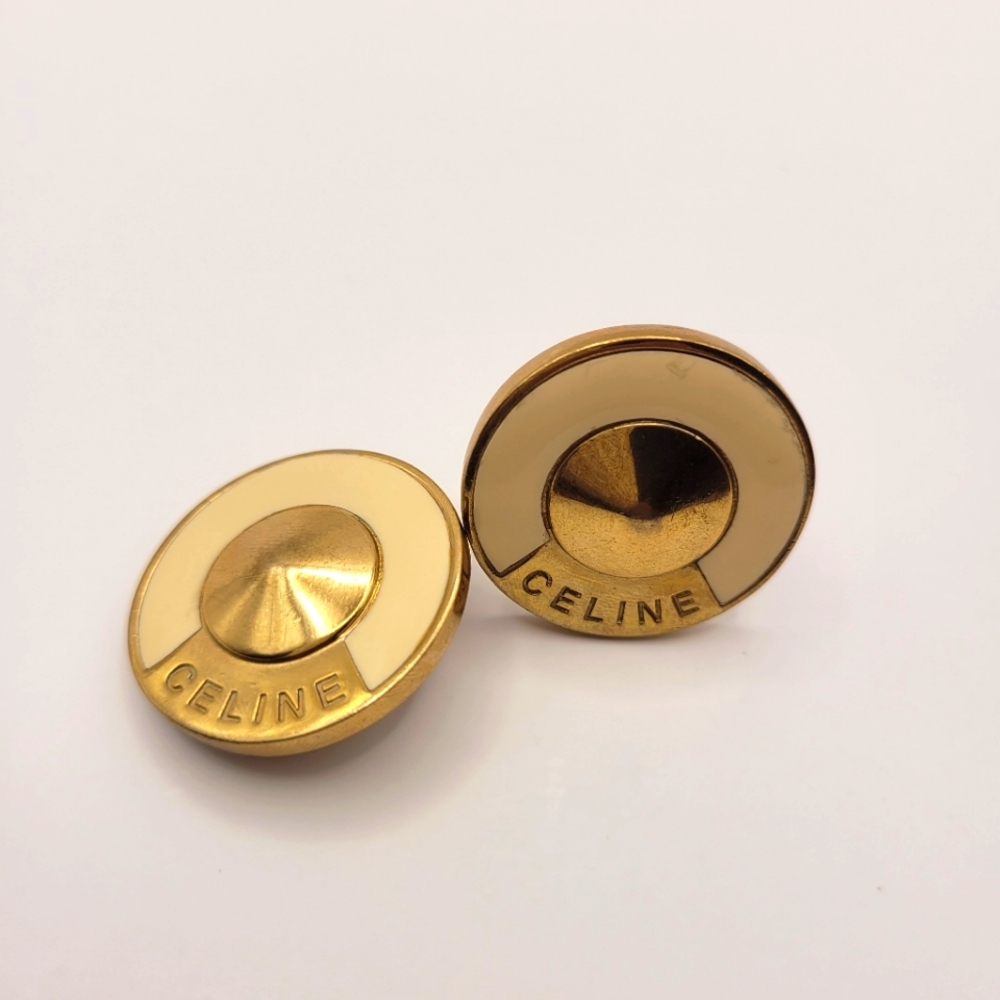 Celine Gold Plated White Enamel Round Clip Earrings
